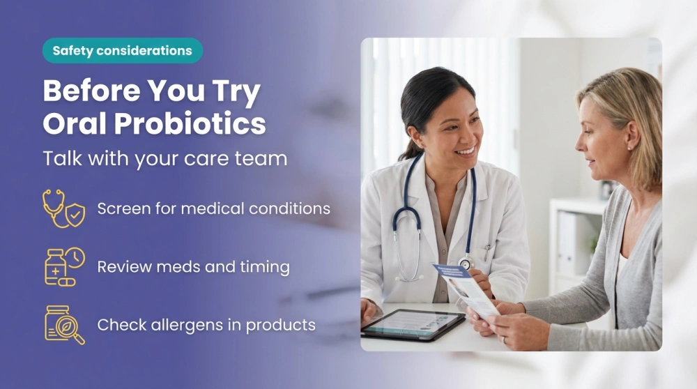 Before You Try Oral Probiotics infographic: Talk with your care team — Screen for medical conditions; Review meds and timing; Check allergens in products