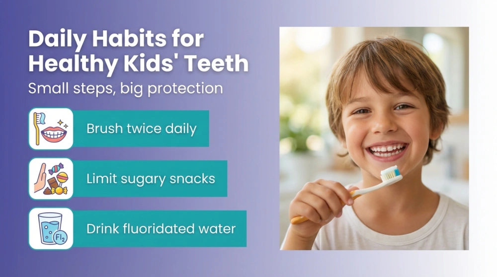 Daily Habits for Healthy Kids' Teeth infographic: Small steps, big protection — Brush twice daily; Limit sugary snacks; Drink fluoridated water