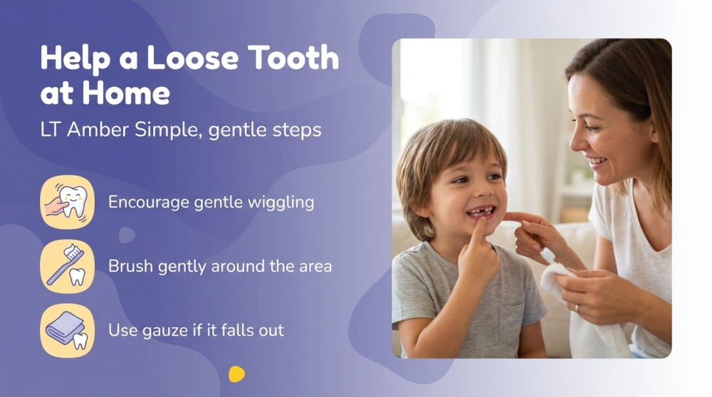 Help a Loose Tooth at Home — Simple, gentle steps: Encourage gentle wiggling; Brush gently around the area; Use gauze if it falls out