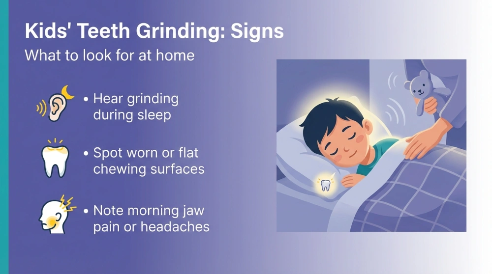 Infographic: Kids' Teeth Grinding signs — Hear grinding during sleep; worn or flat chewing surfaces; morning jaw pain or headaches