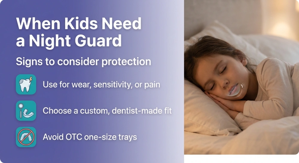 Infographic: When Kids Need a Night Guard — Use for wear, sensitivity, or pain; custom dentist-made fit; avoid OTC trays