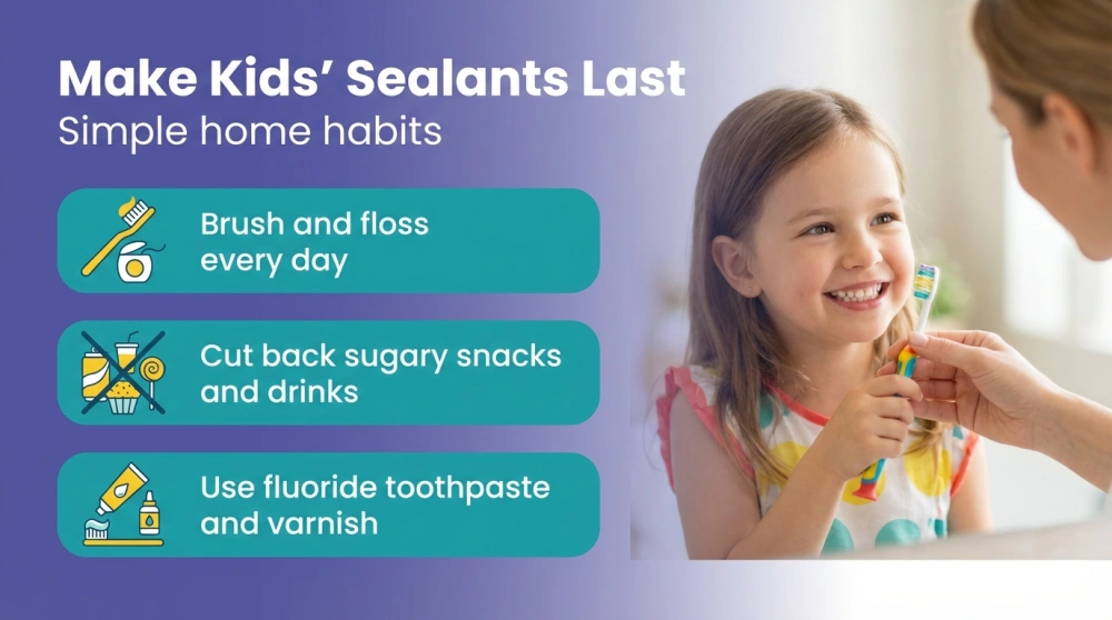 Make Kids' Sealants Last — Brush and floss every day; Cut back sugary snacks and drinks; Use fluoride toothpaste and varnish