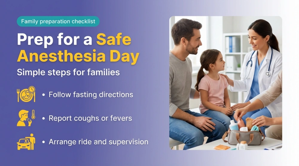 Prep for a Safe Anesthesia Day — Simple steps for families. Follow fasting directions; Report coughs or fevers; Arrange ride and supervision.