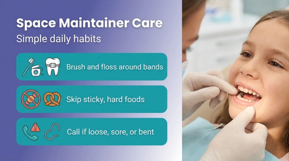 Space Maintainer Care infographic: Simple daily habits — Brush and floss around bands; Skip sticky, hard foods; Call if loose, sore, or bent