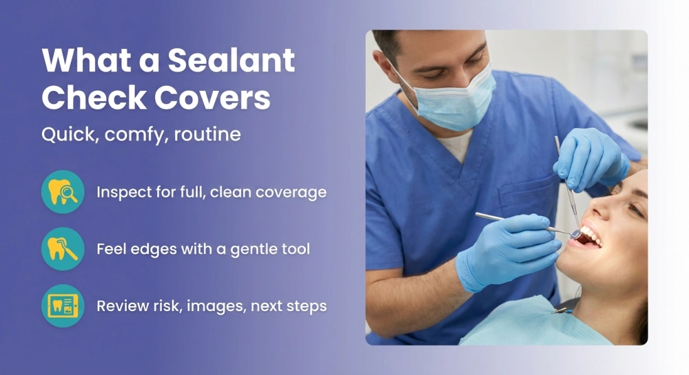What a Sealant Check Covers — Inspect for full, clean coverage; Feel edges with a gentle tool; Review risk, images, next steps