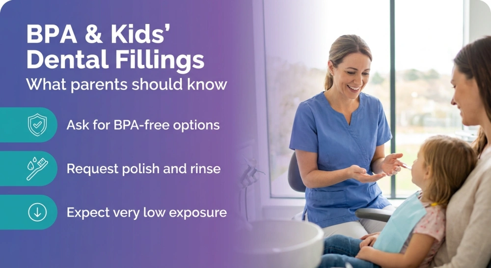 BPA & Kids' Dental Fillings infographic — What parents should know: Ask for BPA-free options; Request polish and rinse; Expect very low exposure
