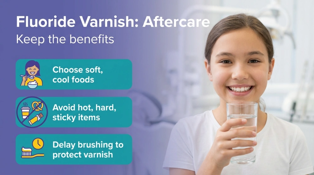 Fluoride Varnish: Aftercare infographic - Choose soft, cool foods; Avoid hot, hard, sticky items; Delay brushing
