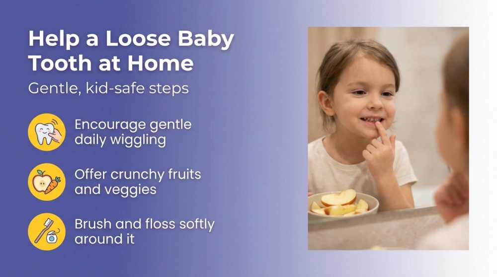 Infographic: Help a Loose Baby Tooth at Home. Encourage gentle wiggling, offer crunchy fruits and veggies, brush and floss softly.