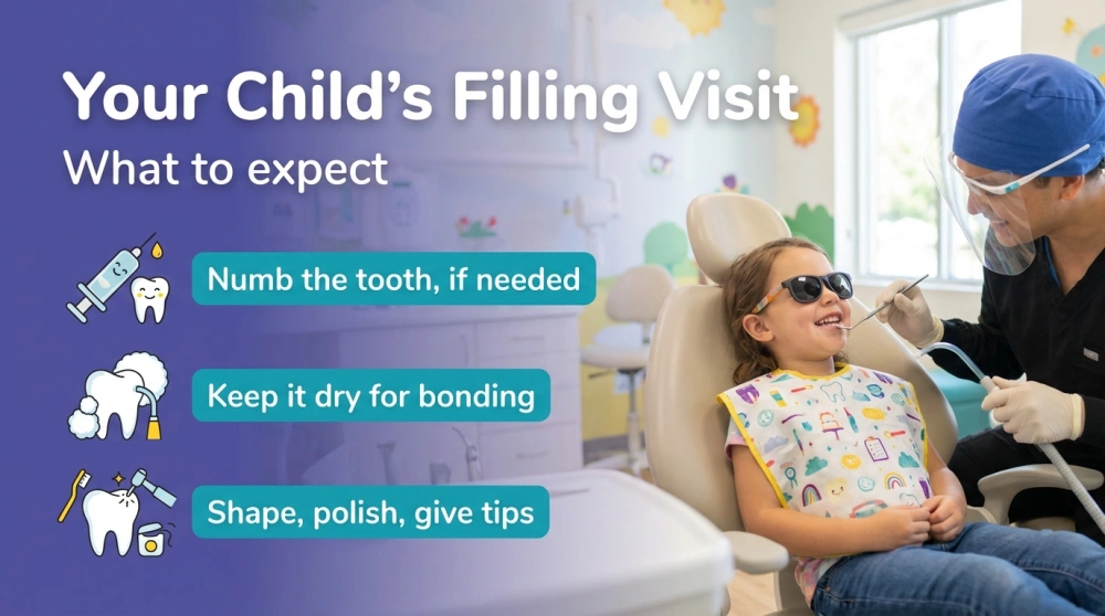 Your Child's Filling Visit infographic — What to expect: Numb the tooth if needed; Keep it dry for bonding; Shape, polish, give tips