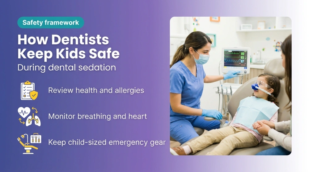 How Dentists Keep Kids Safe - During dental sedation infographic: review health and allergies, monitor breathing and heart, keep child-sized emergency gear