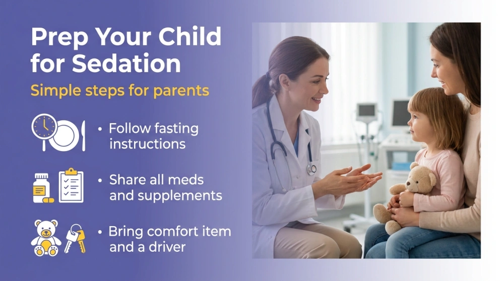 Prep Your Child for Sedation - Simple steps for parents infographic: follow fasting instructions, share all meds and supplements, bring comfort item and a driver