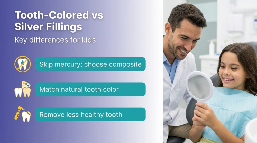 Tooth-Colored vs Silver Fillings infographic – key differences for kids